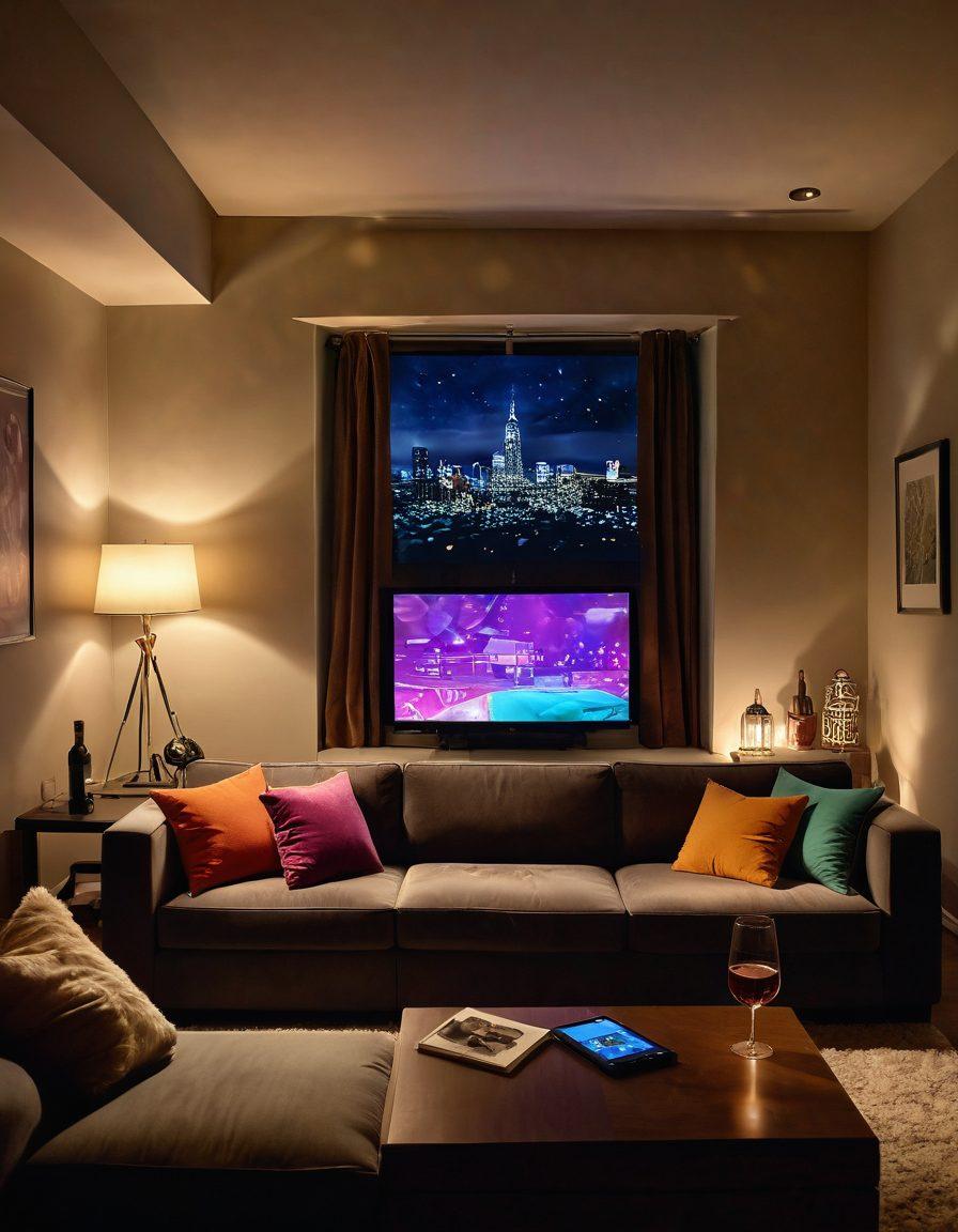 A serene and cozy room with soft, warm lighting, featuring a plush sofa with colorful cushions, where an inviting projector display screens romantic and artistic scenes. A bottle of wine and two glasses sit on a nearby table, surrounded by tasteful home decor. The atmosphere exudes intimacy and adventure, enticing the viewer to explore. soft lighting, warm colors, modern interior design.