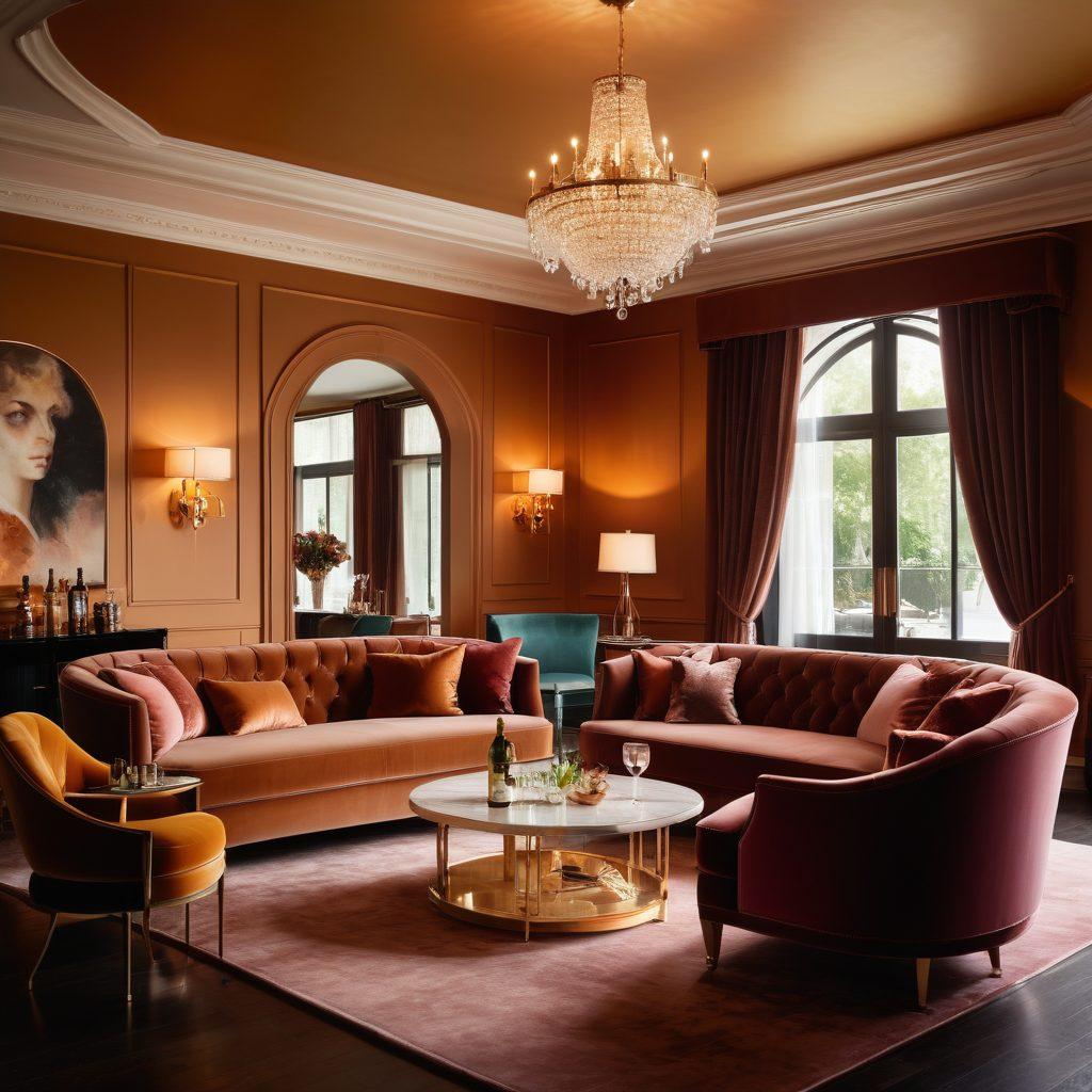 An artistic depiction of a sophisticated lounge filled with plush, velvet furniture and ambient lighting. Showcase an elegant bar cart with luxurious drink options, and tasteful decor that evokes intimacy. In the background, silhouettes of couples animatedly enjoying their time with playful expressions, symbolizing diverse aspects of adult entertainment. Incorporate a subtle hint of sensuality with warm colors and soft shadows. vibrant colors. cozy atmosphere.